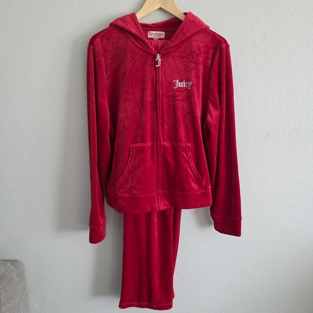 Juicy Couture Womens Red Velour Track Suit Set Hooded Jacket Jogger Pants Sz XXL